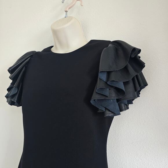 Alice + Olivia Black Eunice Vegan Leather Ruffle-sleeve Mini Dress Size 2 LBD - Picture 3 of 8